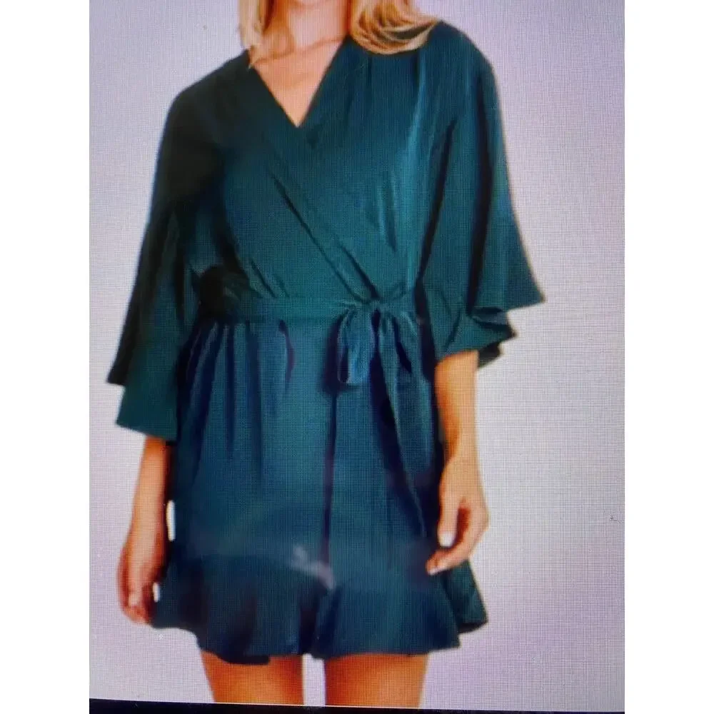 Birdy Grey Robe Dress Ruffle Detail Waist Tie Emerald Green Size M / L
